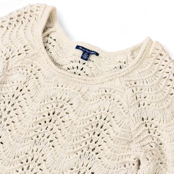American Eagle 2012 Open Crochet Sweater S Y2K Boho Cottage Wool Scalloped Cream - Picture 2 of 9